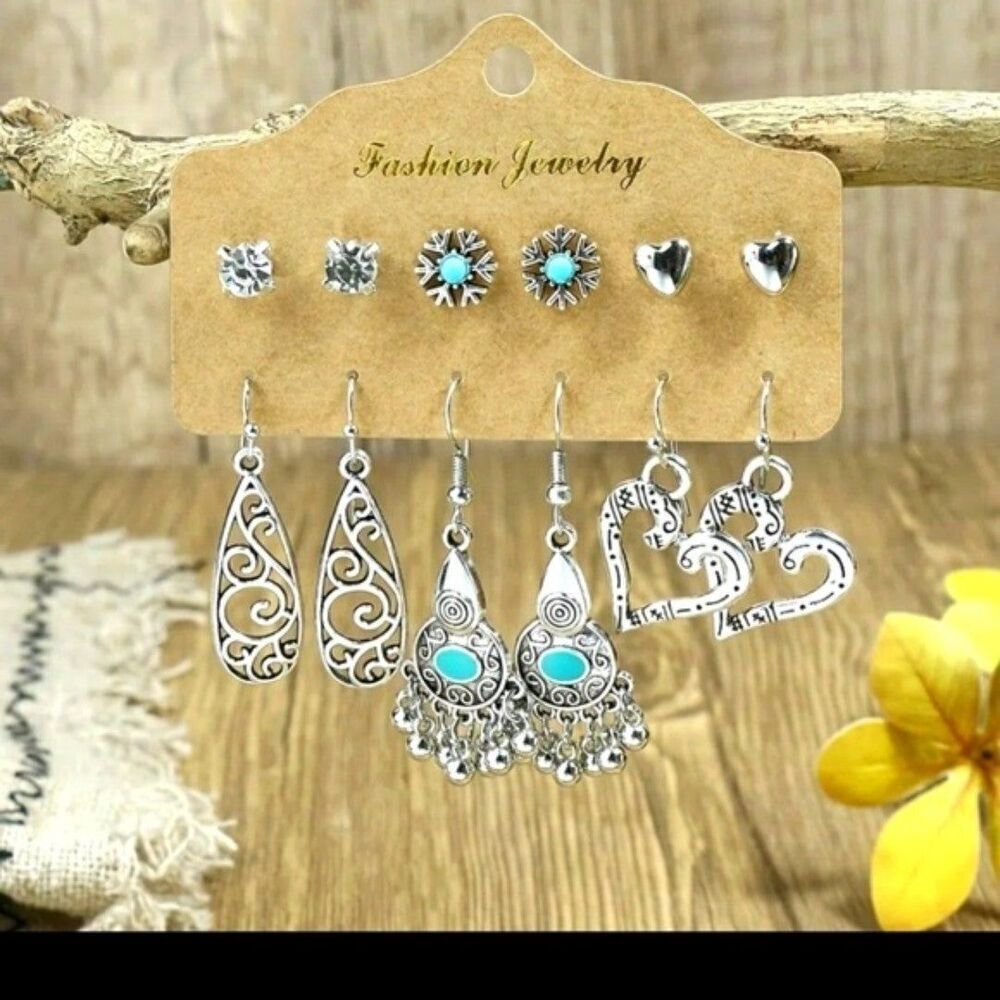 silver turquoise heart snowflake earrings